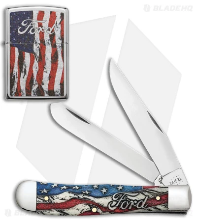 Case Cutlery Trapper Knife 4" Ford Zippo Gift Set Smooth Bone (6254 SS) 14331